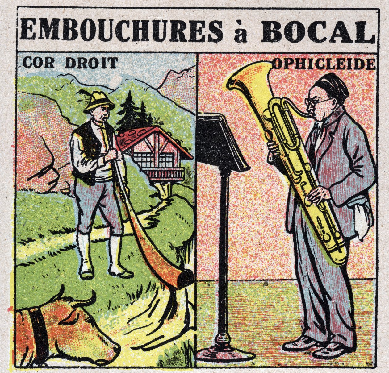 Musikinstrumenter: blæseinstrumenter med en krukkemund. Lige horn og ophicleide spillere. Anonym illustration fra 1925. Privat samling. af Anonymous Anonymous