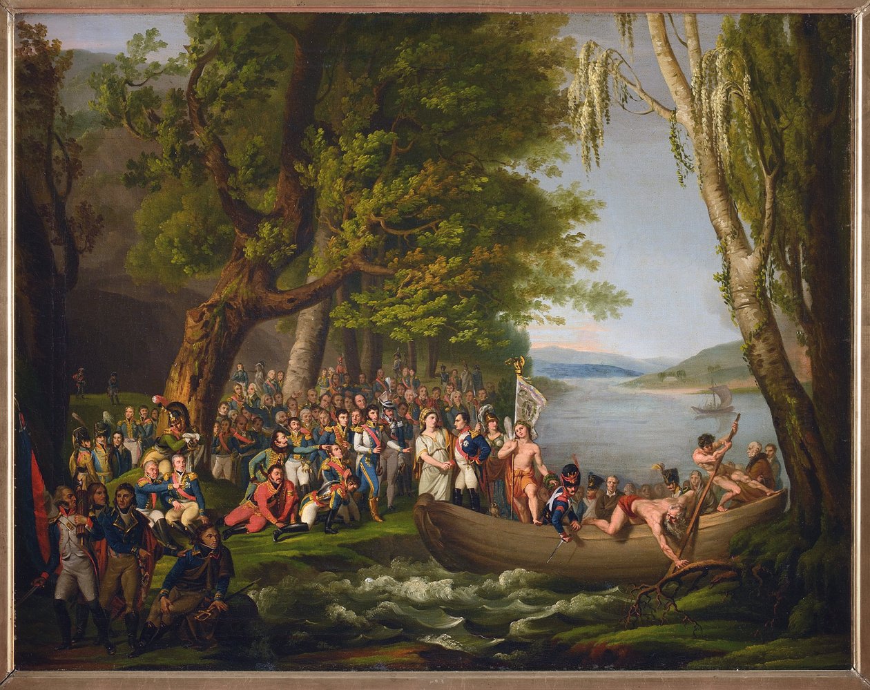 Napoleon krydser Le Styx et rejoint les heros de la Grande Armee - Napoleon krydser Styx og slutter sig til Heltene fra Grande Armee, der døde for Frankrig, Anonym . Olie på lærred. Mål: 64x79 cm. Privat samling af Anonymous Anonymous