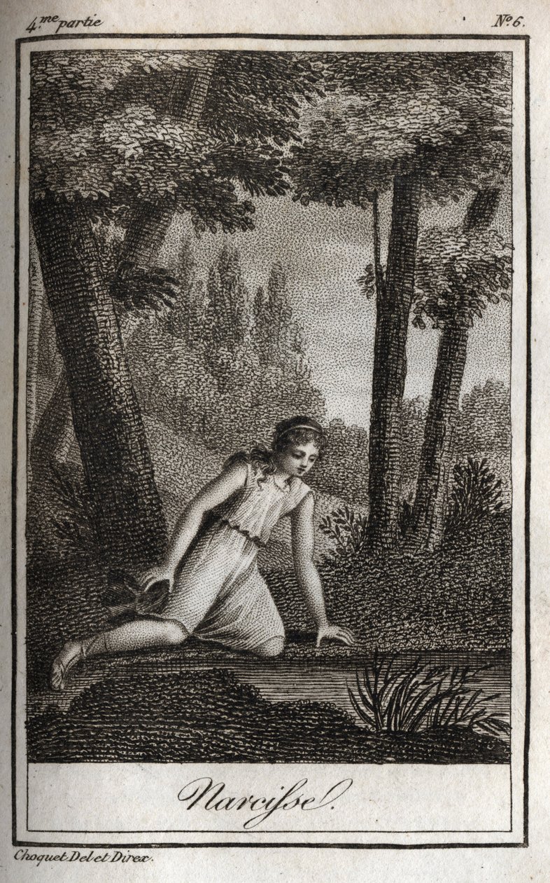 Narcisse overvejer sin refleksion (Narciso) Indgravering fra 1819 i "Lettres a Emilie sur la mythologie"" af Charles Albert Demoustier (1760-1801). Privat samling. af Anonymous Anonymous