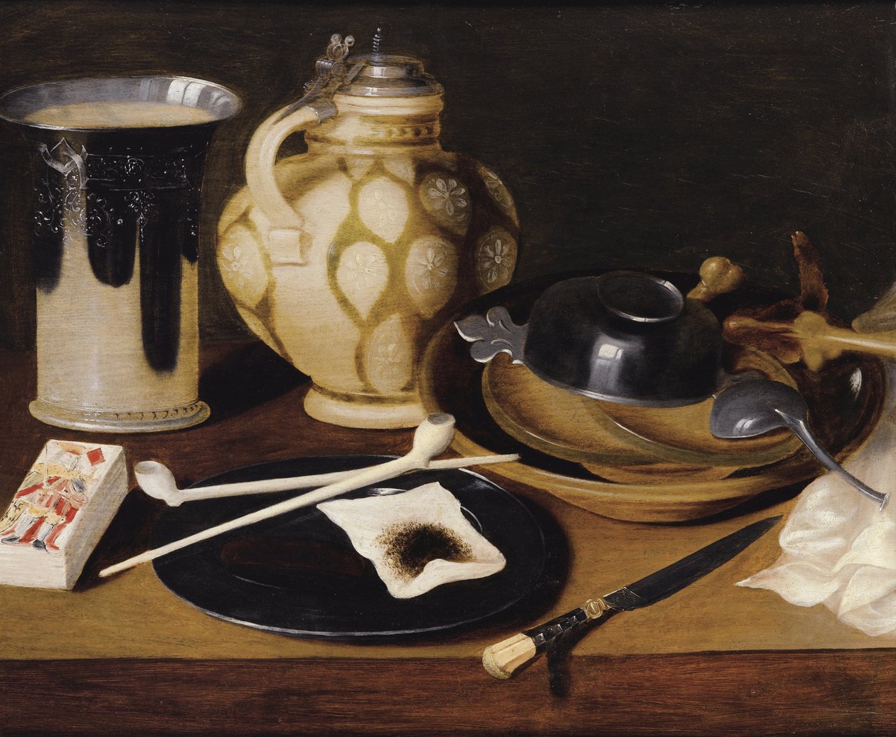 ""Nature morte a la pibe, au roi de carreau, couteau et pichet"" (Stilleben med et rør, en konge af diamanter, en kniv og en kande) Peinture anonyme vers 1650 Olie på træ, Dim 52x64 cm Privat samling af Anonymous Anonymous