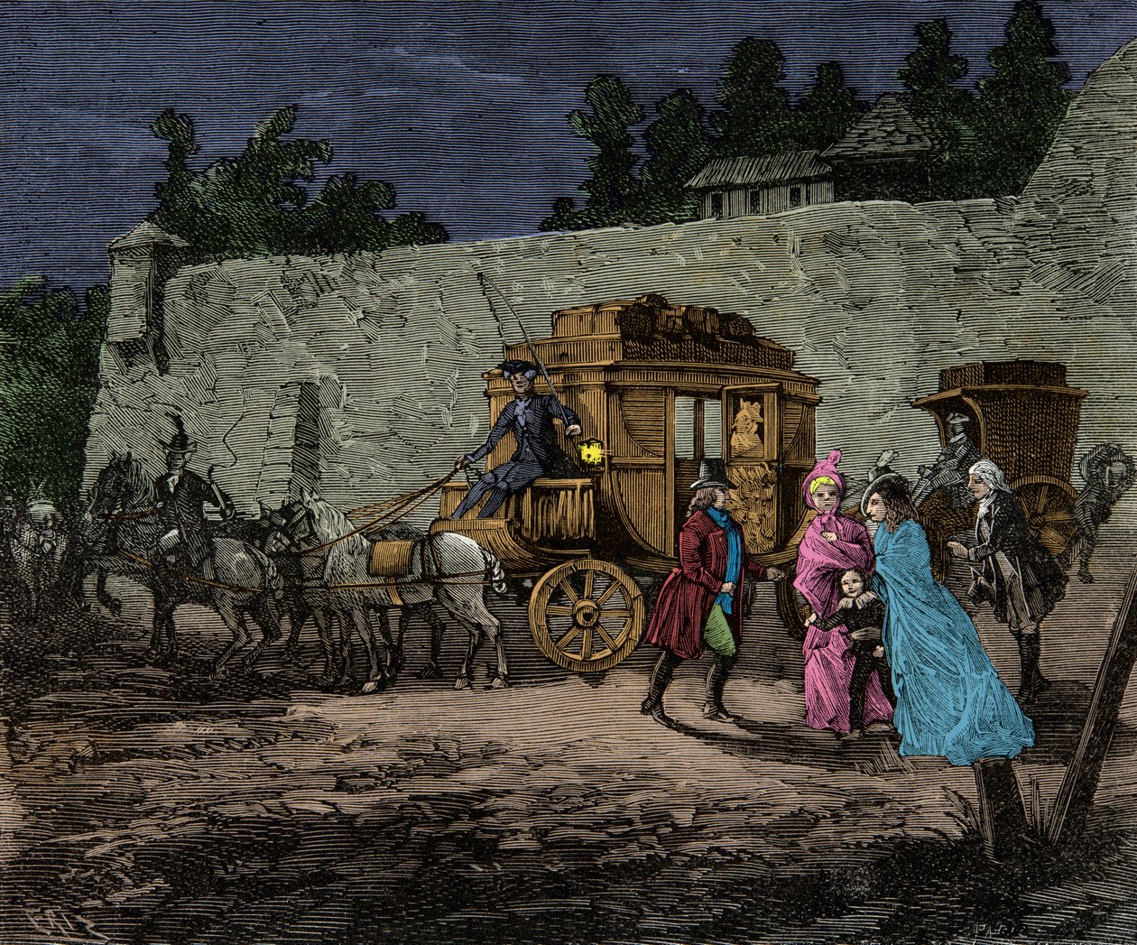 Kongefamiliens natflyvning til Varennes i 1791, Gravering, Privat samling af Anonymous Anonymous