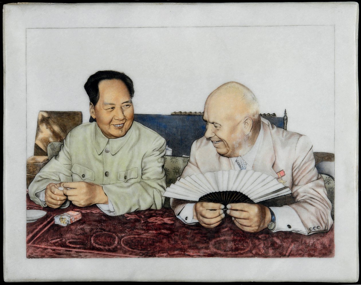 Nikita Khrouchtchev (1894-1971) og Mao Zedong (Tse-Toung, Tse Toung) (1893-1976) - Nikita Khrushchev og Mao Zedong - Anonym. Porcelæn, overglasur dekoration, begyndelsen af 1960