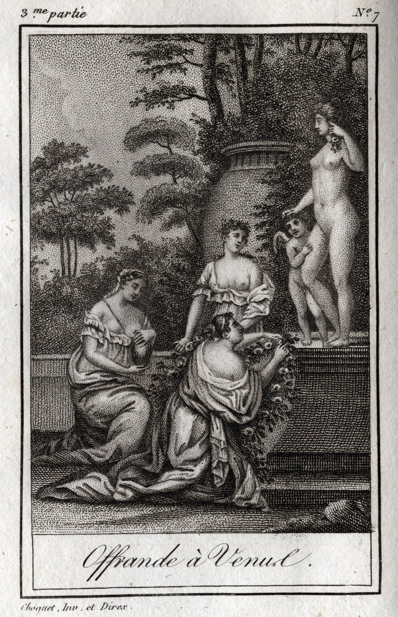 Tilbud til Venus. Små kærligheder (angelots) samles for at hylde gudinden Afrodite. Stik fra 1819 i "Lettres a Emilie sur la mythologie" af Charles Albert Demoustier (1760-1801). Privat samling. af Anonymous Anonymous