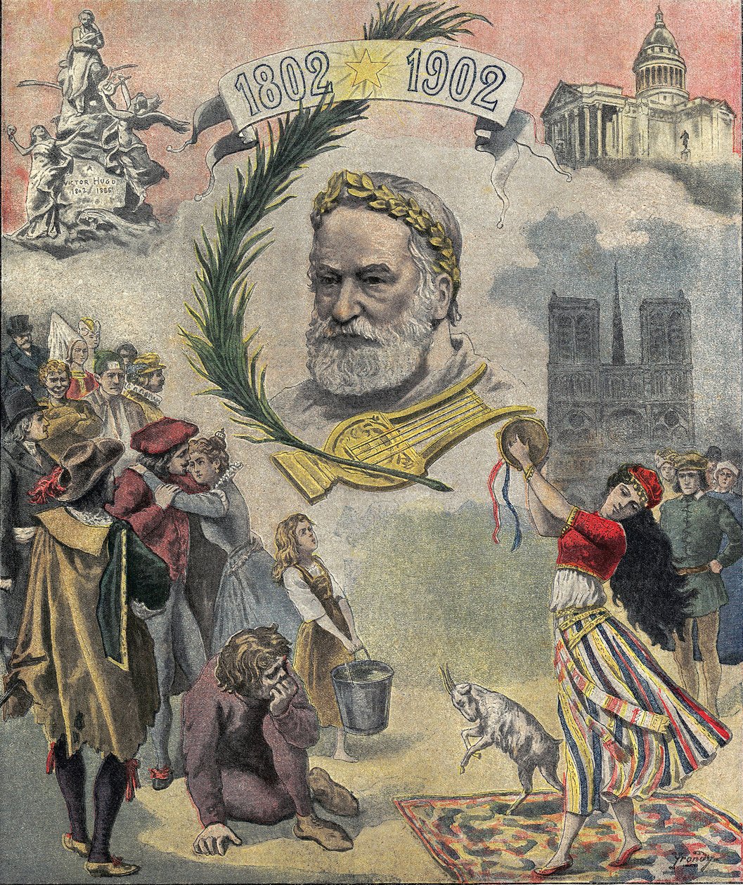 En af "Le petit journal"", der hylder den franske digter og forfatter Victor Hugo (1802-1885) på hundredeåret for hans fødsel. Karaktererne i hans romaner er repræsenteret (Esmeralda, Quasimodo, Cosette). 02/03/1902 Privat samling af Anonymous Anonymous