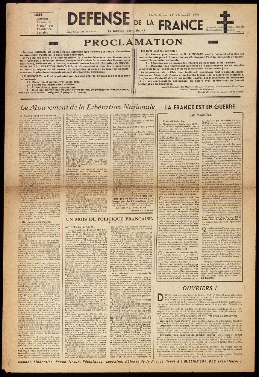 En af de hemmelige aviser "" Défense de France"" af 15/01/1944 af Anonymous Anonymous