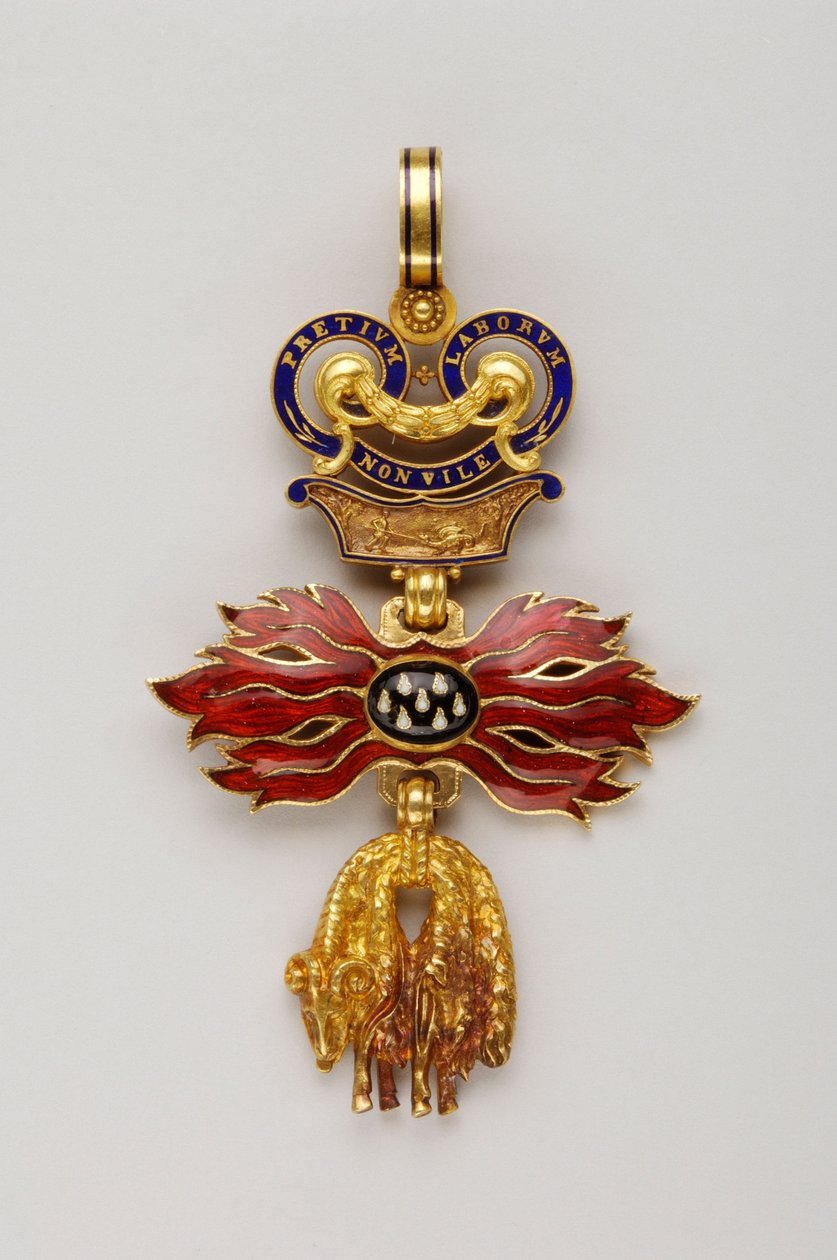 Ordenen af det gyldne skind: Østrigsk guldskind - reduceret emblem - 1850-1900 - guld og emaljer - H 6,2 cm; B 4,1 cm; Vægt: 20 g - Privat samling af Anonymous Anonymous