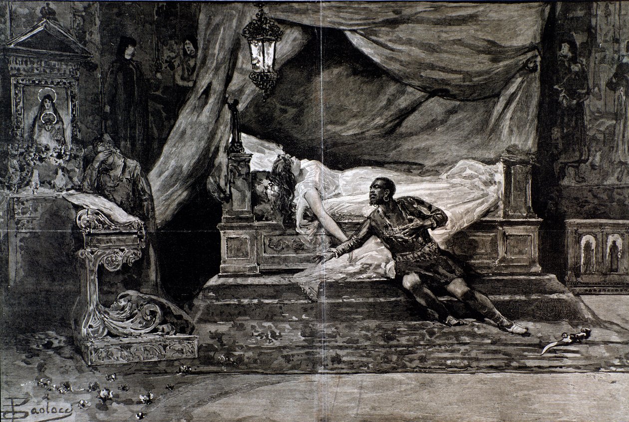 Otello dræber sig selv nær liget af Desdemona. Illustration af den sidste scene af Otello, opera af Giuseppe Verdi af Anonymous Anonymous