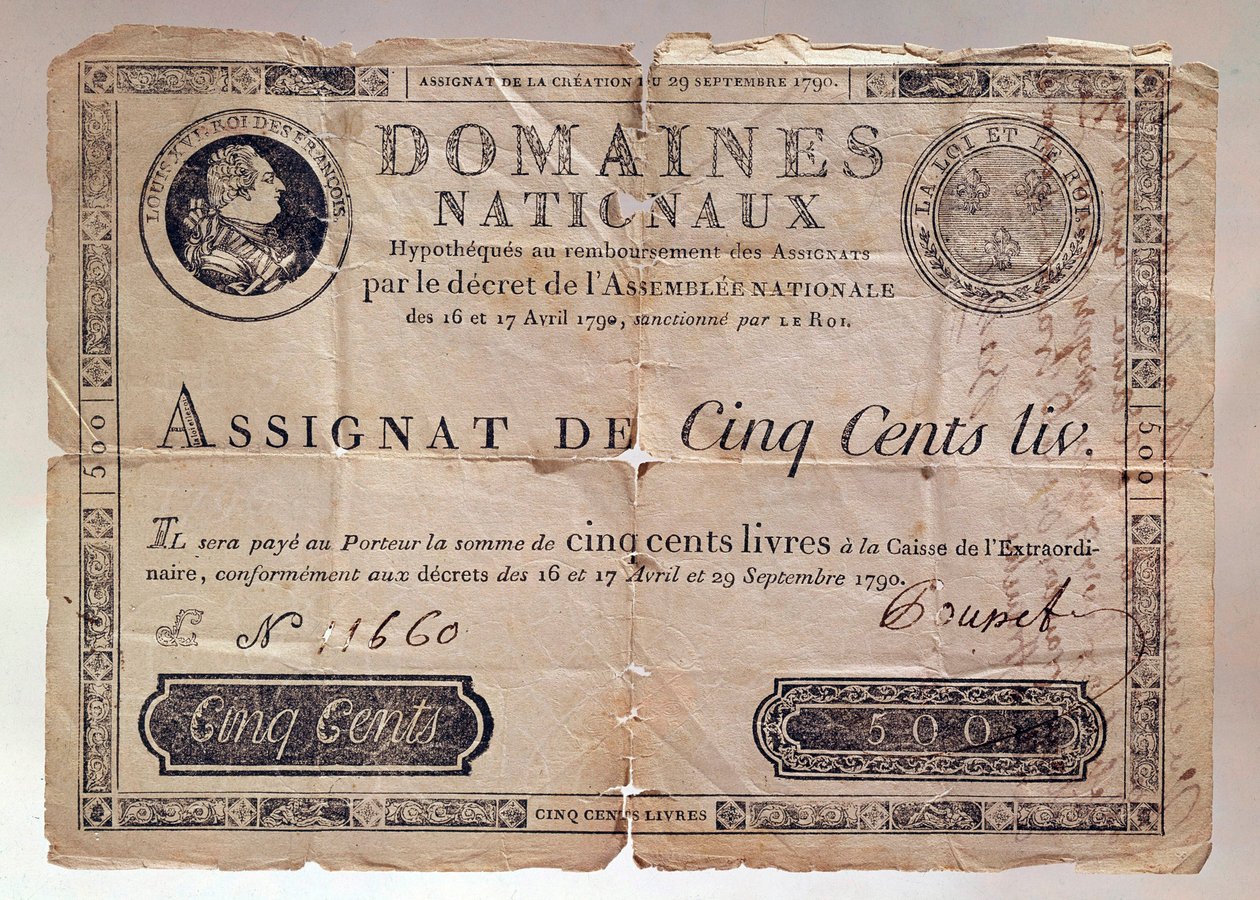 Papir udgivet under den franske revolution: en opgave på 500 pund fra 1790. Privat samling af Anonymous Anonymous