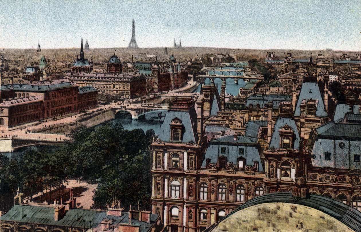 Paris: panorama af Huits-broerne ved Seinen med Eiffeltårnet i baggrunden. Fotografi af 1920 i "" Kunstnerisk Album"" af byen Paris. Privat samling. af Anonymous Anonymous