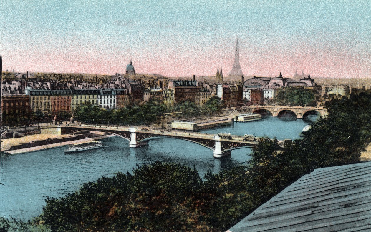 Paris: panorama af Seinen med Eiffeltårnet i baggrunden. Fotografi af 1920 i "" Kunstnerisk Album"" af byen Paris. Privat samling. af Anonymous Anonymous