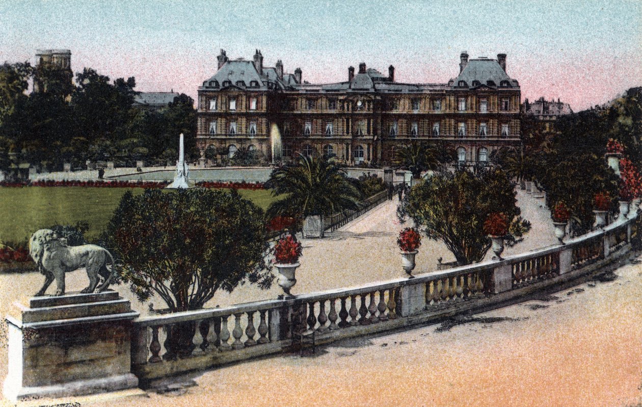 Paris: Palais og Jardin du Luxembourg. Fotografi af 1920 i "" Kunstnerisk Album"" af byen Paris. Privat samling. af Anonymous Anonymous