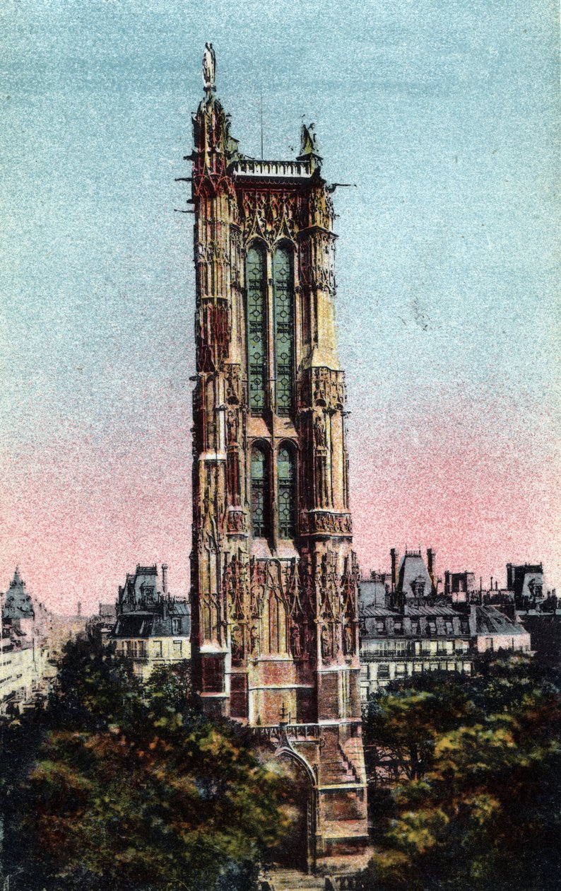 Paris: Saint Jacques Tower (Saint-Jacques) realiseret i 1523. Fotografi fra 1920 i "" Kunstnerisk Album"" af byen Paris. Privat samling. af Anonymous Anonymous