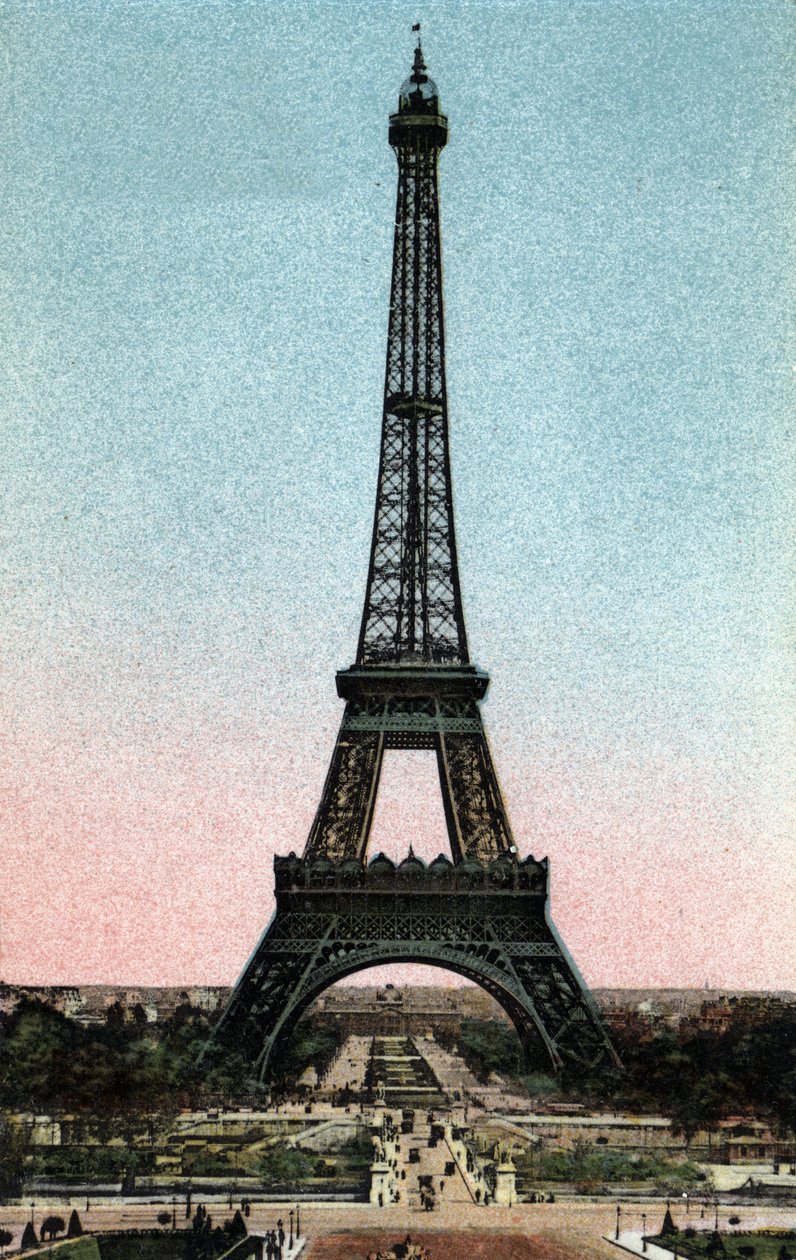 Paris: udsigt over Eiffeltårnet bygget mellem 1887 og 1889 af Gustave Eiffel (1832-1923). Fotografi af 1920 i "" Kunstnerisk Album"" af byen Paris. Privat samling. af Anonymous Anonymous
