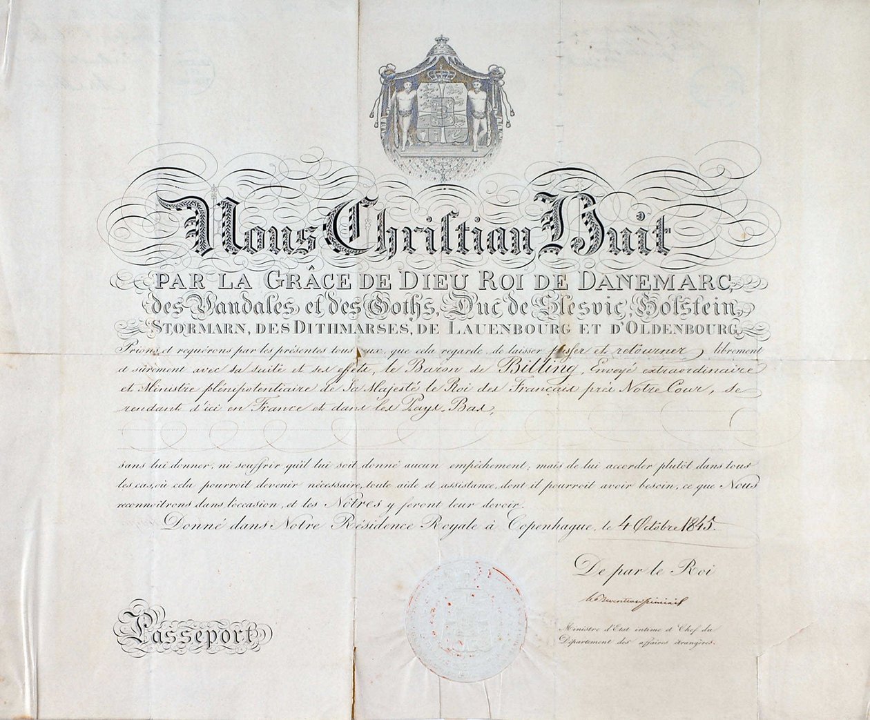 Pas fra Kongen af Danmark Christian VIII er fra 1845. af Anonymous Anonymous