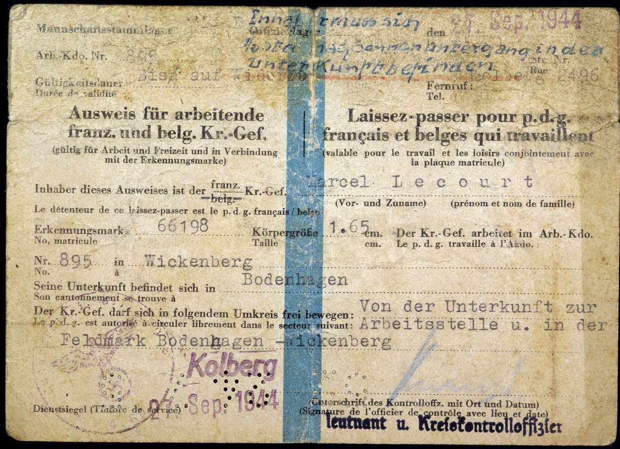 Pas fra Anden Verdenskrig, "Pas" for fransk og belgisk administrerende direktør, der arbejder, 25/9/1944. af Anonymous Anonymous