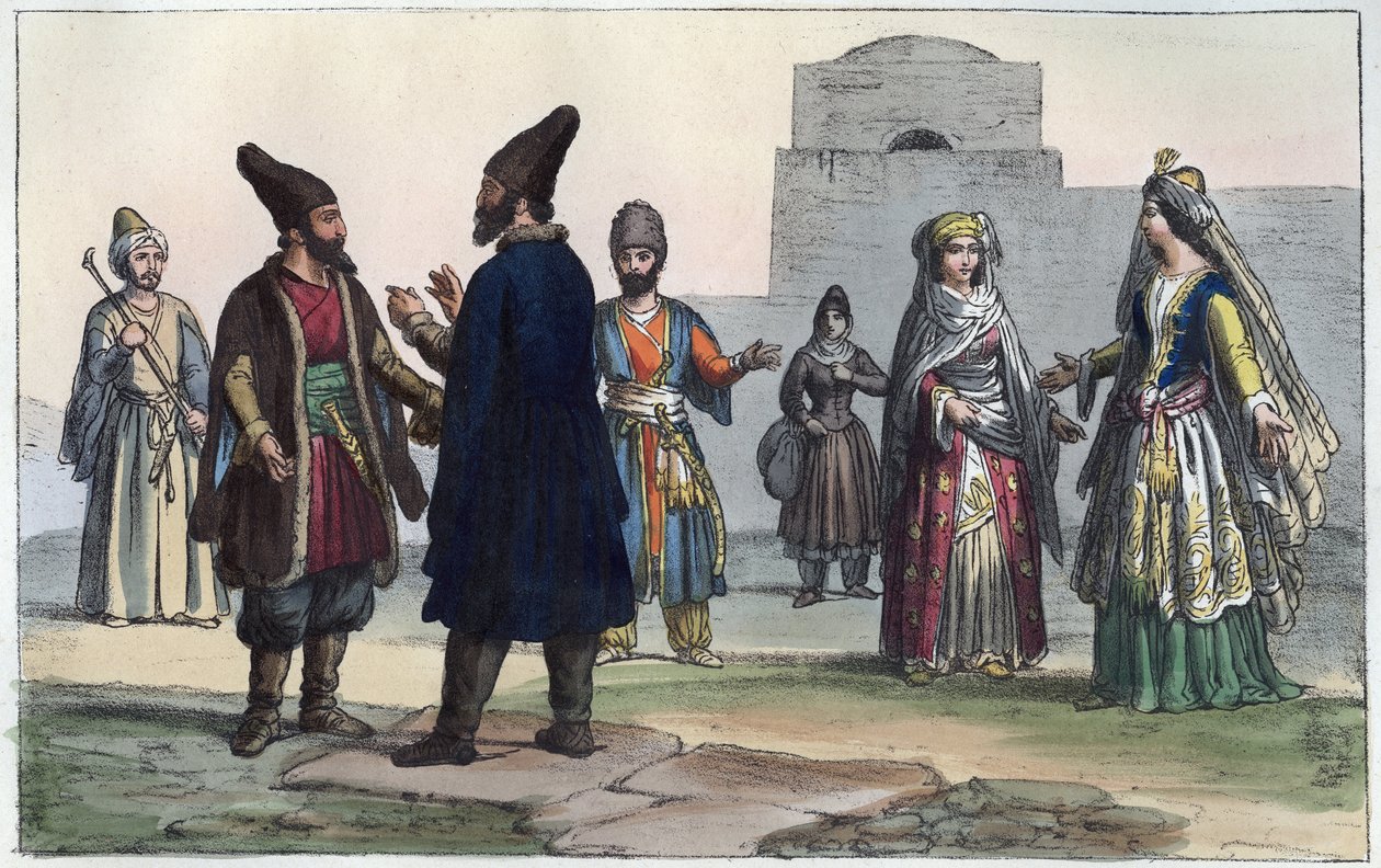 Persisk tøj i det 19. århundrede - gravering fra "" Anvendelser og skikke for alle folk i universet. Det vil sige historien om regeringen, lovene, militsen, om alle nationers religion fra de fjerneste tider til i dag "1856 af Anonymous Anonymous