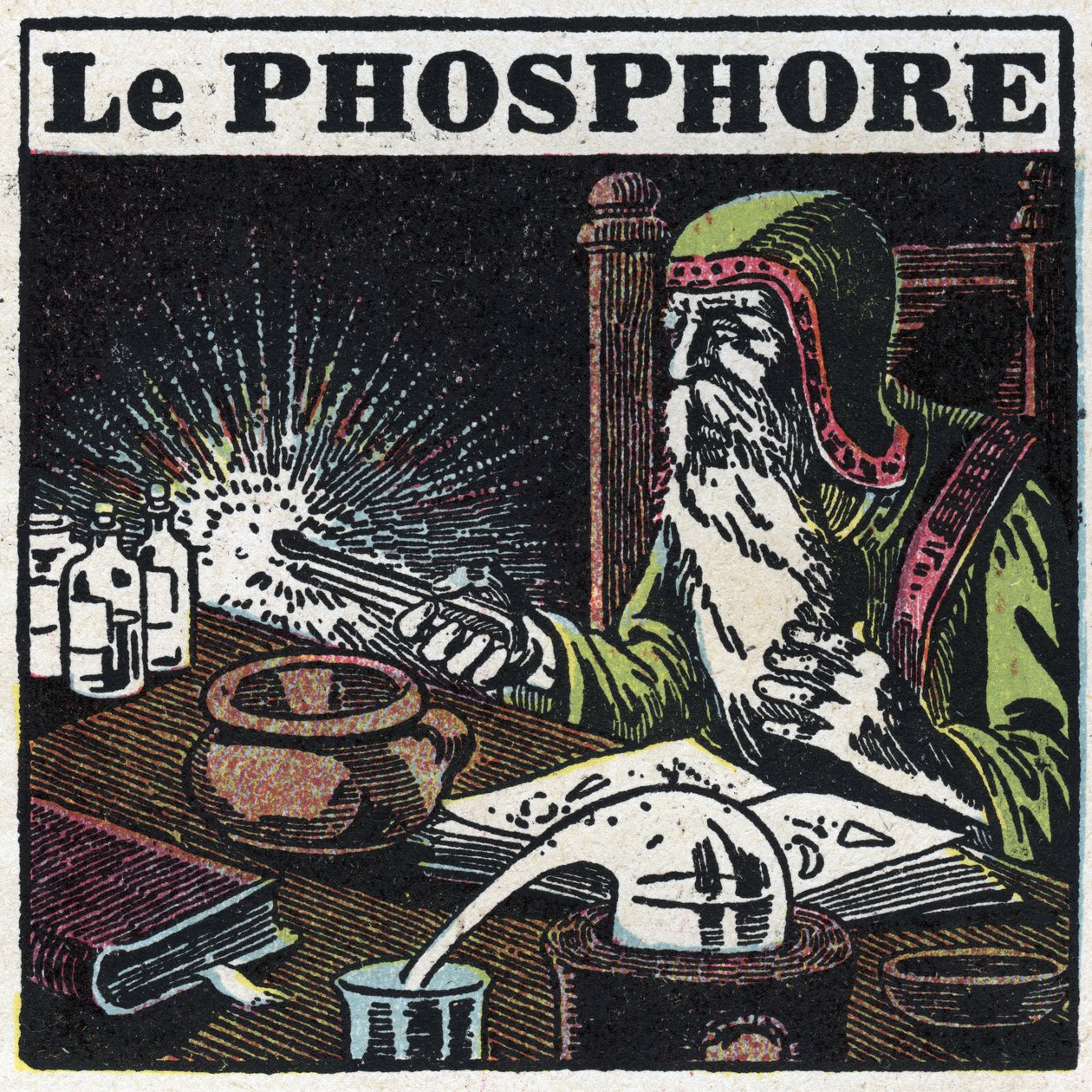 Fosforescens: fosfor. En alkymist leder efter den filosofiske sten i sit laboratorium. Anonym illustration fra 1925. Privat samling. af Anonymous Anonymous
