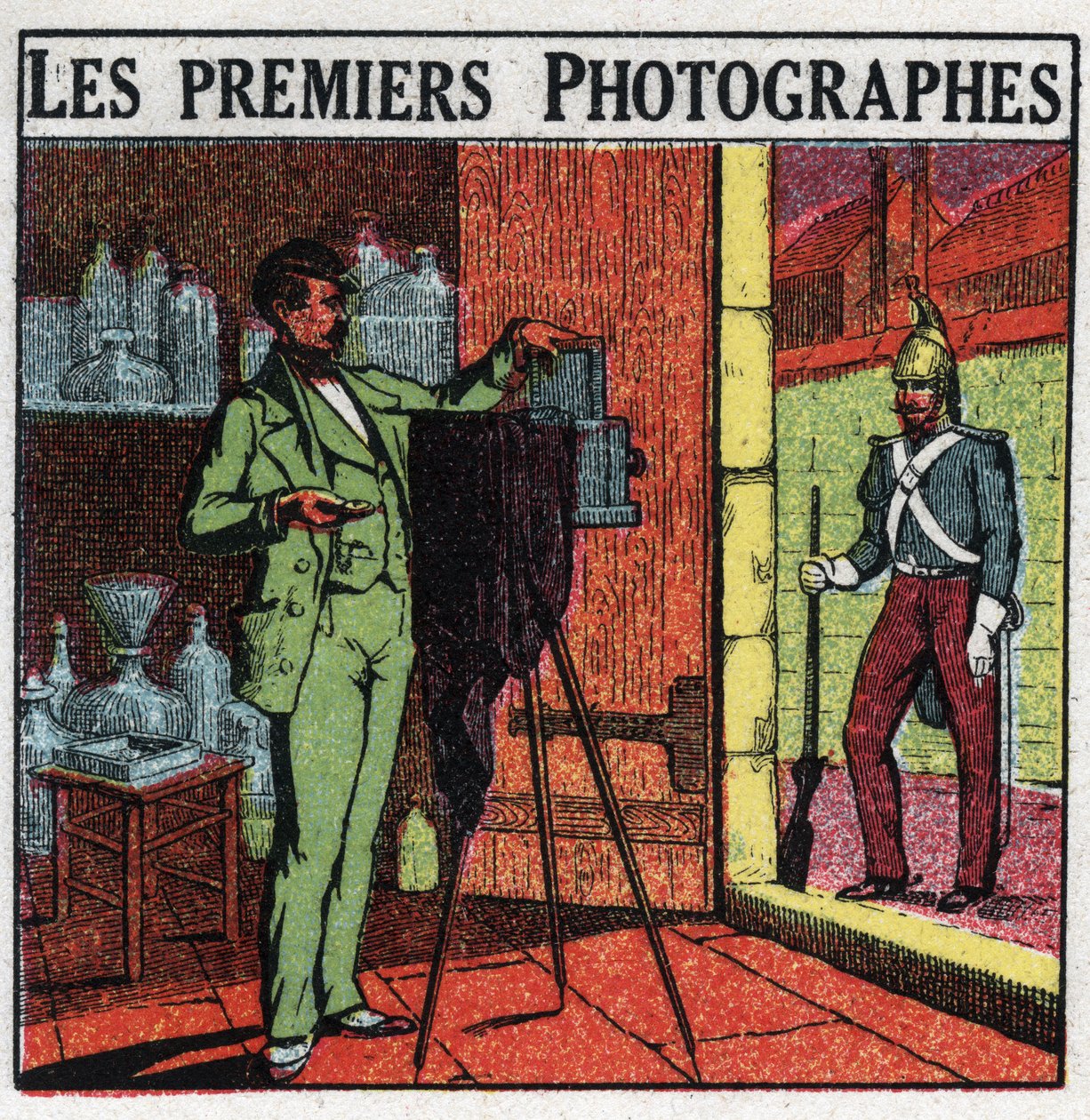 Fotografering: De første fotografer i det 19. århundrede. Fotograf portrætterer en soldat i sit studie. Anonym illustration fra 1925. Privat samling. af Anonymous Anonymous