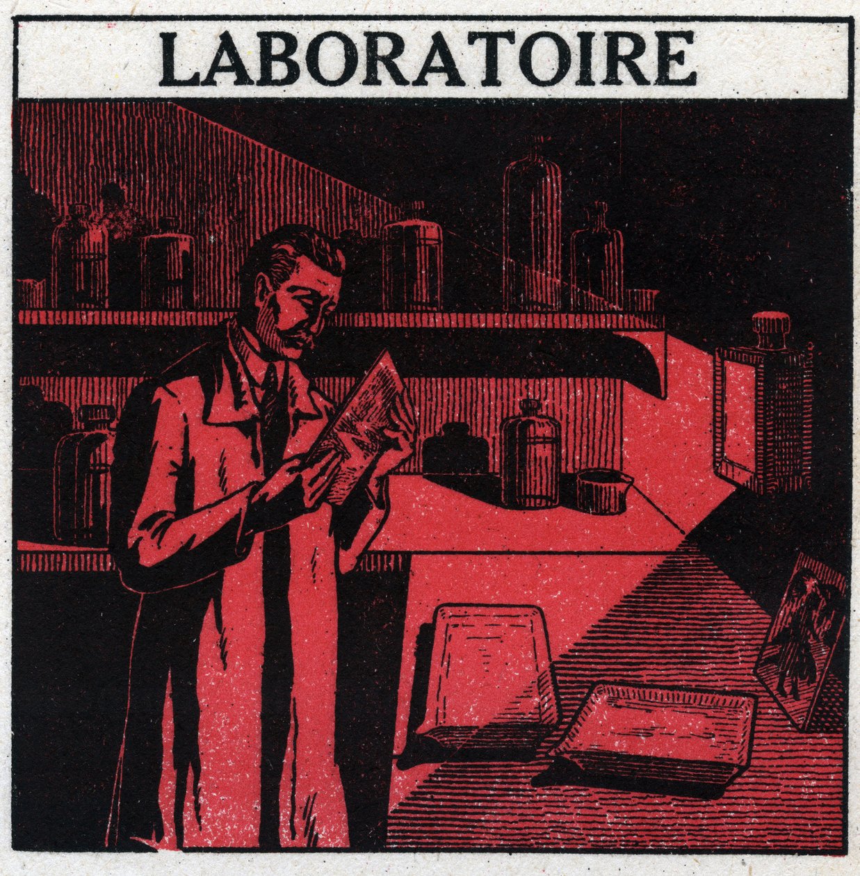 Fotografering: en fotograf i sit laboratorium for at fremkalde billeder. Anonym illustration fra 1925. Privat samling. af Anonymous Anonymous
