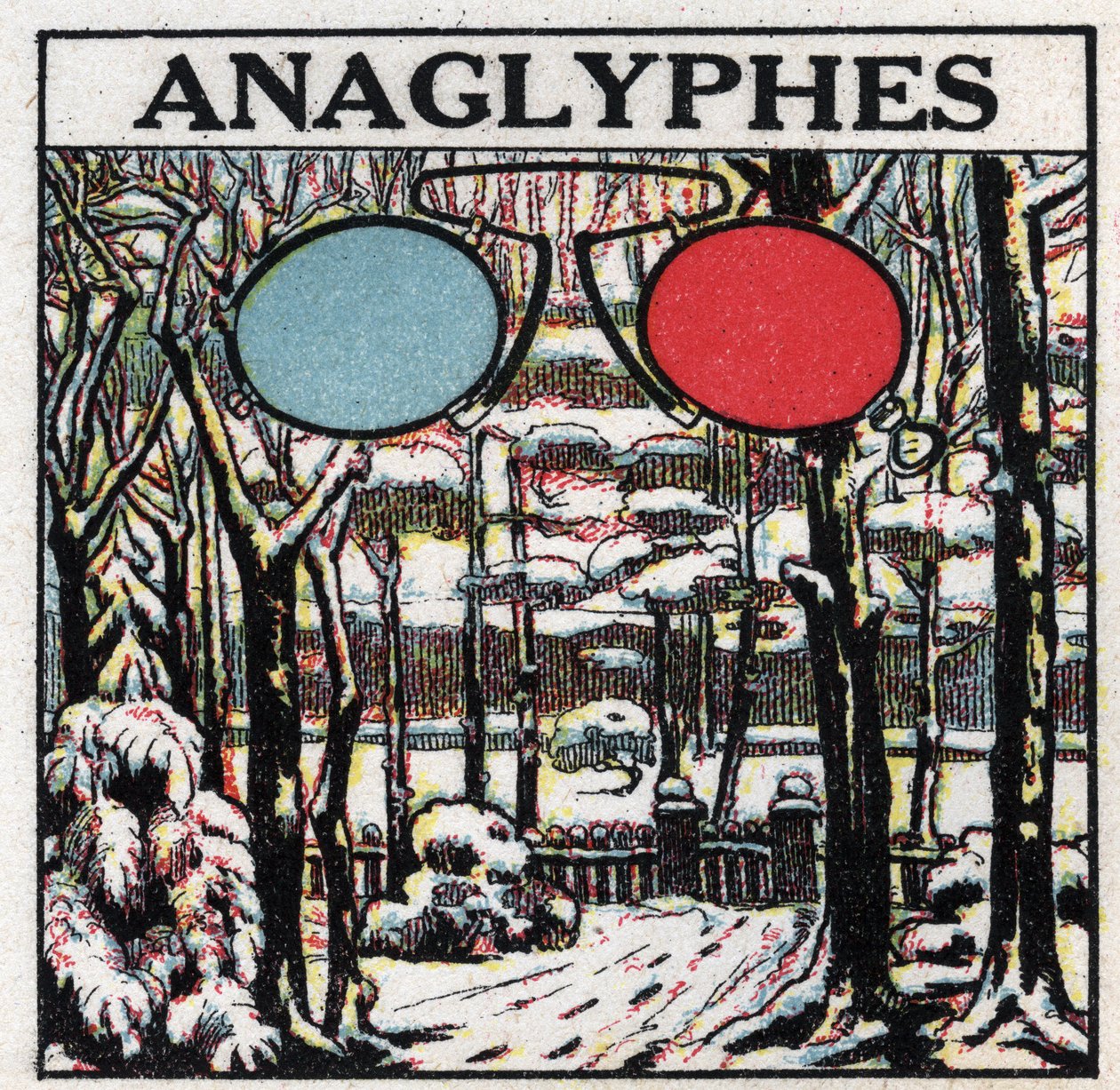 Fotografering: en anaglyph er et billede, der er trykt for at blive set i relief med tofarvede briller. Anonym illustration fra 1925. Privat samling. af Anonymous Anonymous