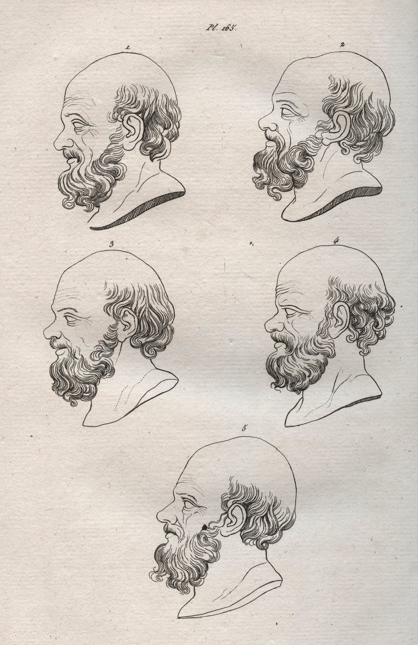 Fysiognomi - Fysiognomi - Adskillige hoveder af den græske filosof Sokrates (ca. 469 f.Kr.-399 f.Kr.) (Buste af Sokrates (ca. 469 f.Kr.-399 f.Kr.), athensk filosof) indgravering fra 1808 i "Kunsten at kende mennesker gennem fysiognomi" Johann Gaspar (Gaspa af Anonymous Anonymous