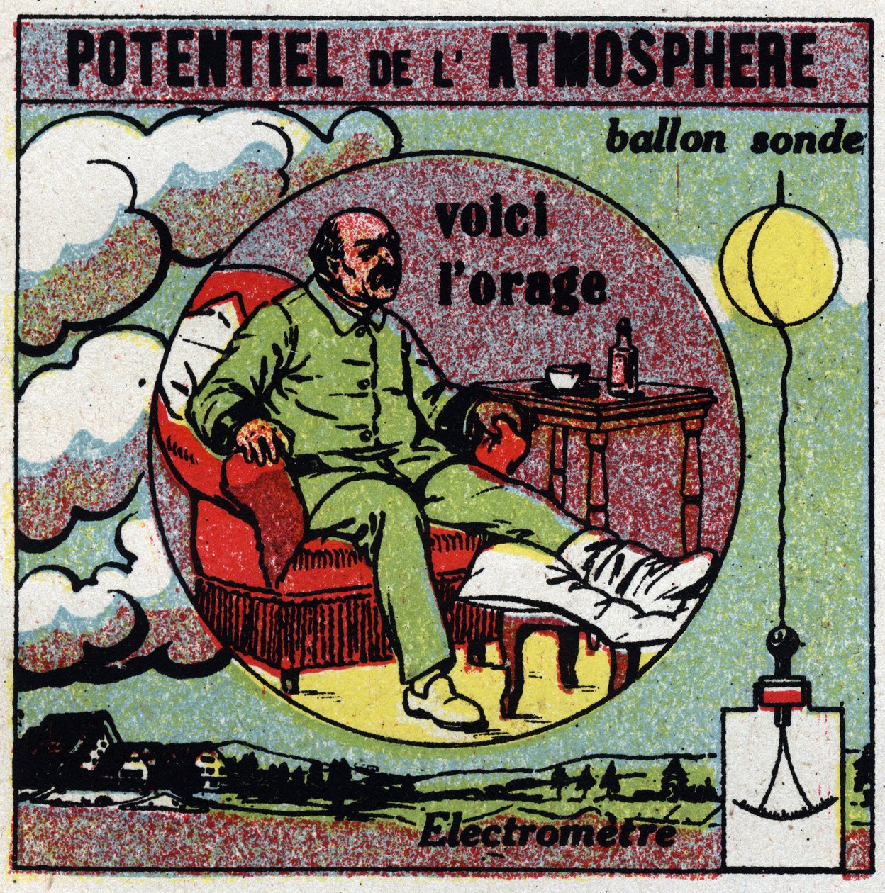 Fysiologiske virkninger af elektrit: atmosfærens potentiale. En podagra, der føler, at en storm er på vej, illustrerer virkningen af det elektriske felt på den menneskelige krop. Vi måler atmosfærens elektricitet med en sondeballon fastgjort til et elektro af Anonymous Anonymous
