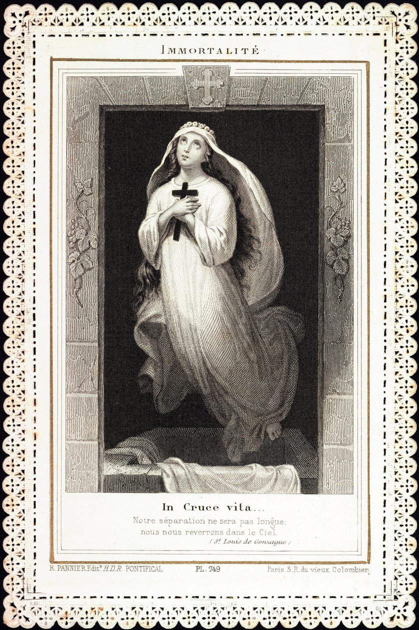 Fromme billede: "" Immortalite, In cruce vita"" Card of deces dentelee. 1800-tallets privatsamling af Anonymous Anonymous