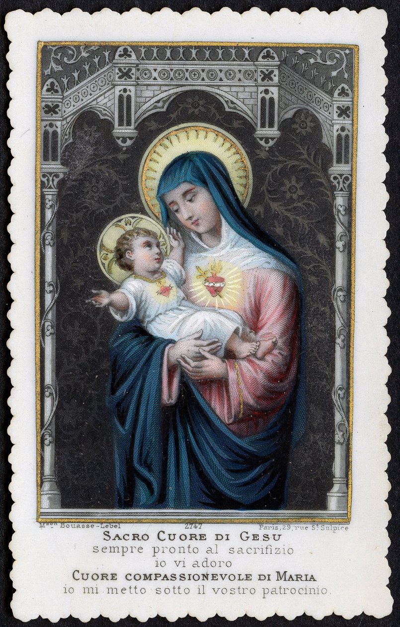 Fromme billede: Jesus som et barn i armene på sin mor Maria, med det hellige hjerte (indgravering) af Anonymous Anonymous