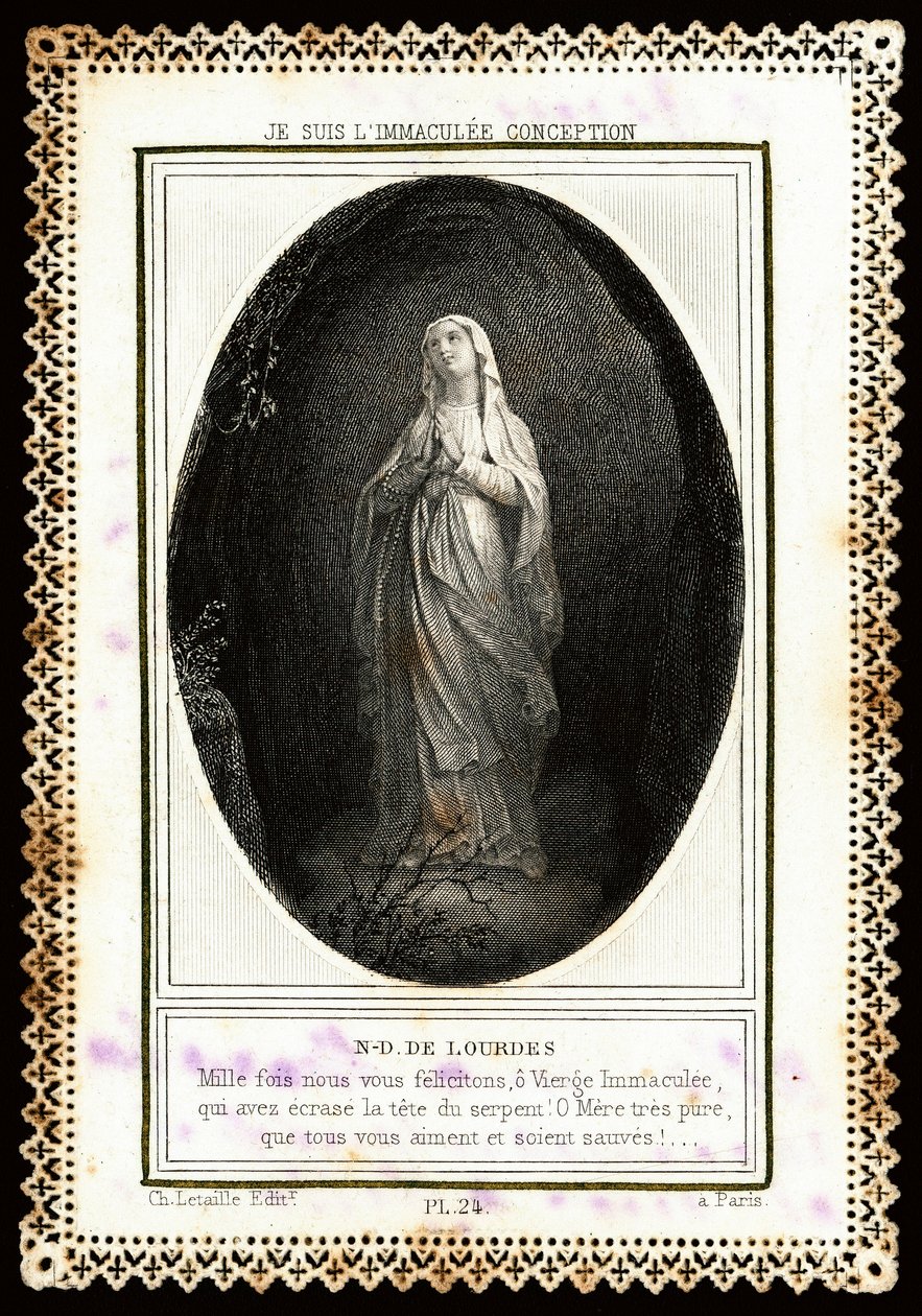 Fromme billede: "" Notre Dame de Lourdes"" Dentelee kort. 19. århundrede. Privat samling af Anonymous Anonymous