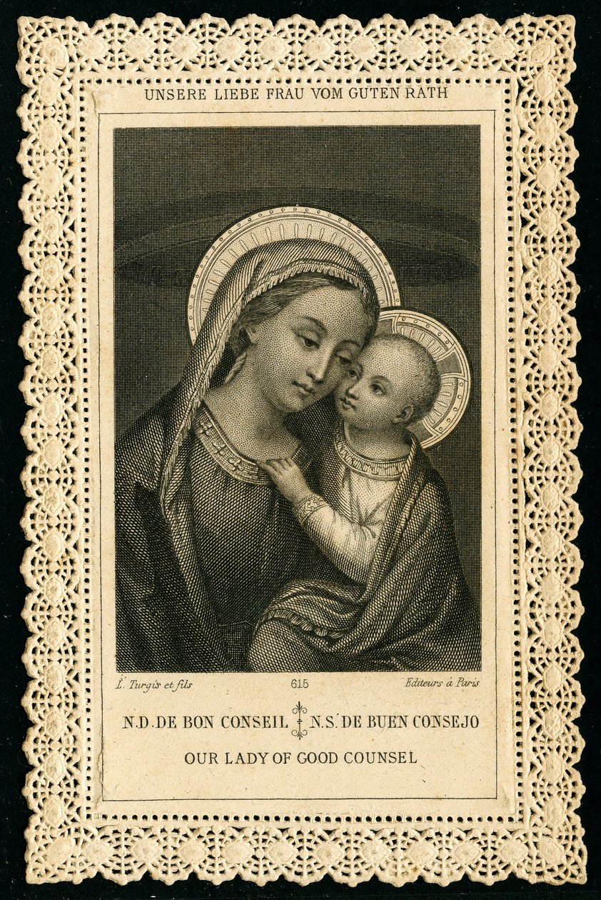 Fromt billede: Portræt af Jomfru Maria, Vor Frue af Gode Råd (gravering) af Anonymous Anonymous