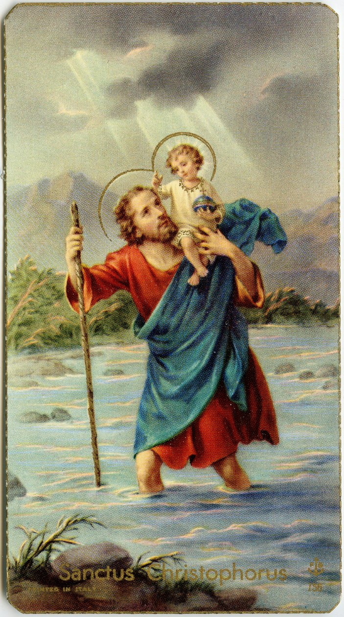 Fromme billede: Sankt Christophorus krydser Jordan med den unge Jesus på ryggen (kromolitografi) af Anonymous Anonymous