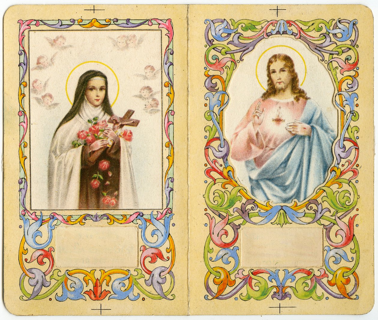 Fromme billede: Sankt Therese af Jesusbarnet og Jesus med helligt hjerte (tryk) af Anonymous Anonymous