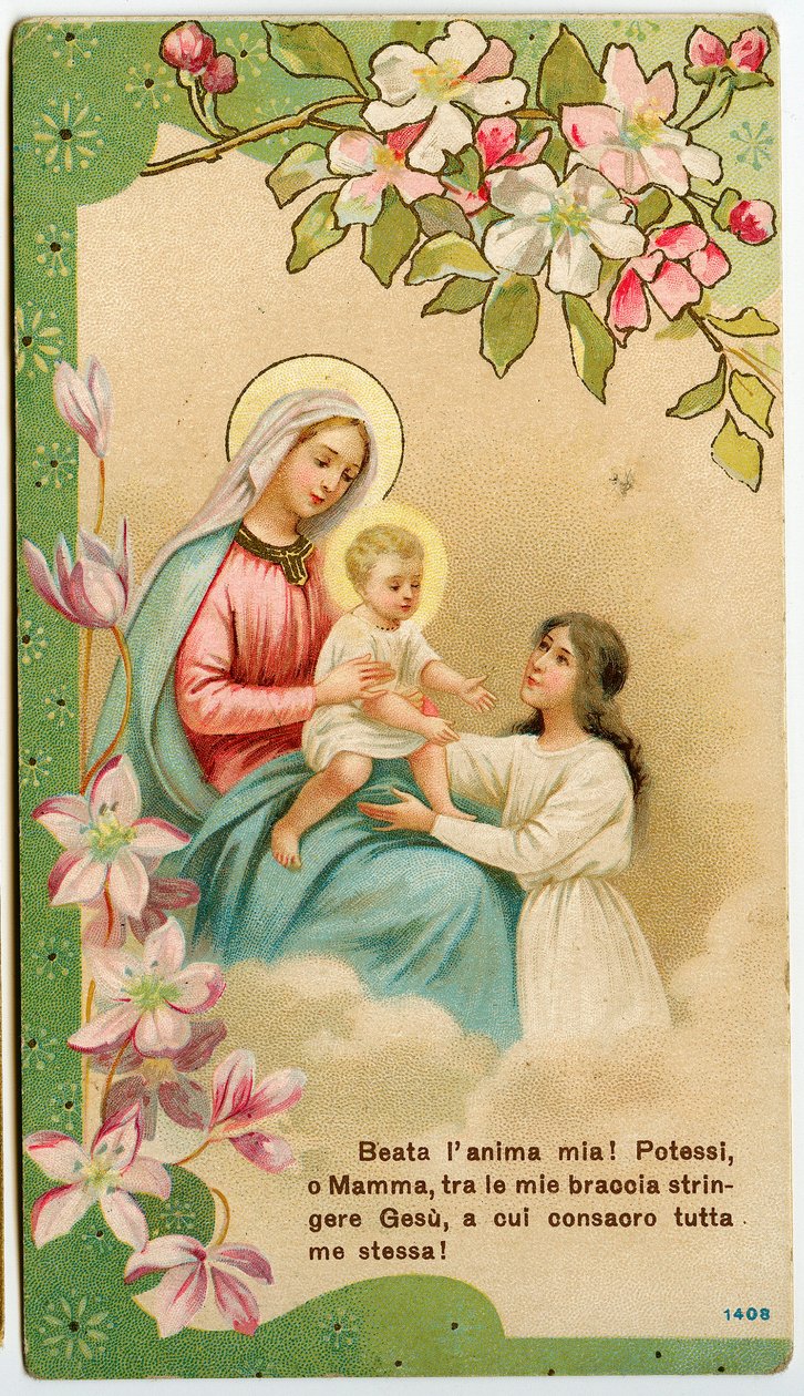 Fromme billede: Jomfru med barn, en from pige tager Jesus i sine arme (kromolitografi) af Anonymous Anonymous