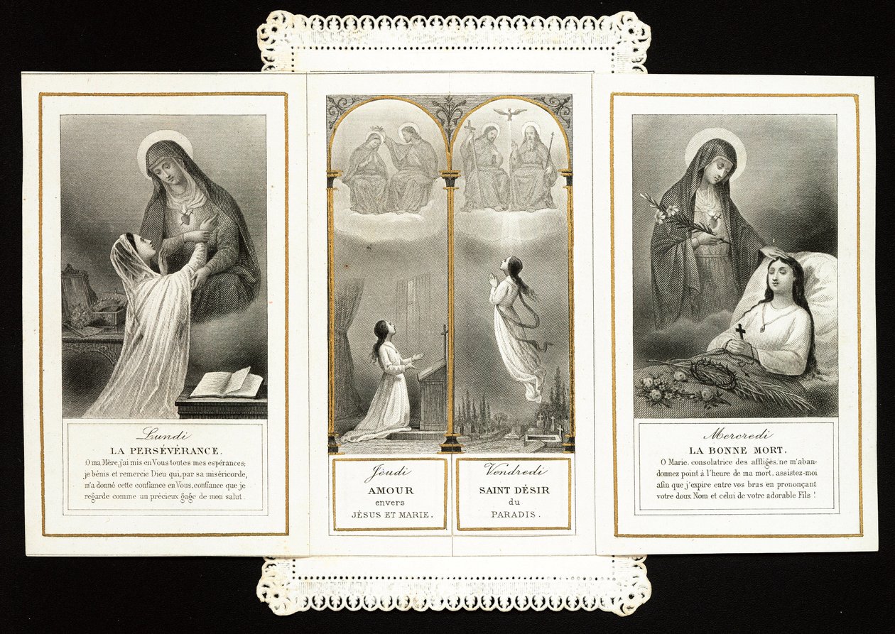 Fromt billede: "" udholdenhed, kærlighed til Jesus og Maria, paradisets hellige begær, den gode død"" Dentelee-kort i tryptisk. 1800-tallets privatsamling af Anonymous Anonymous