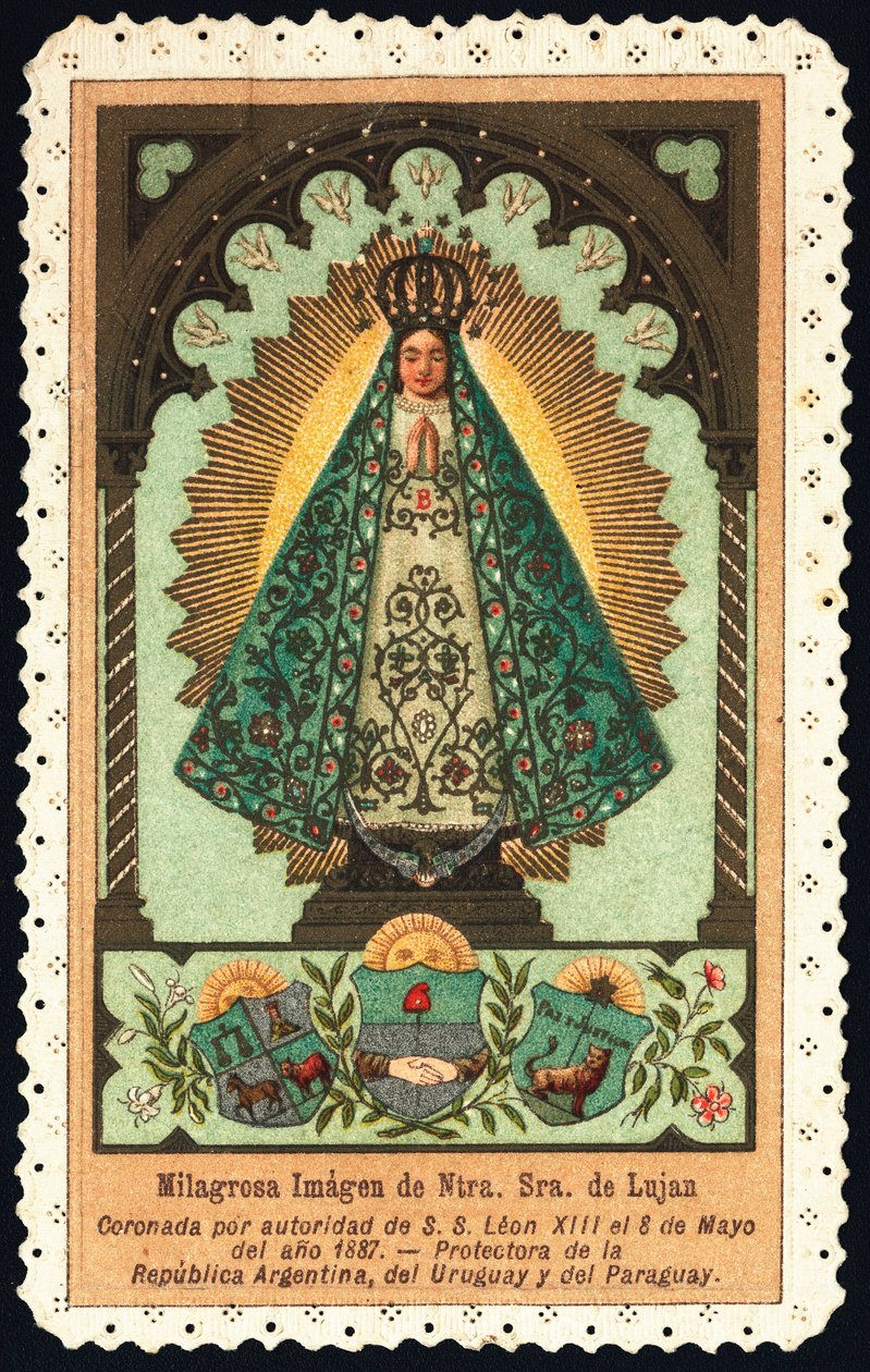 Fromme billede: "" repræsentation af Nuetra Seniora (Vor Frue) af Lujan, beskytter af Argentina, Paraguay og Uruguay"" Dentelee Card Private Collection af Anonymous Anonymous