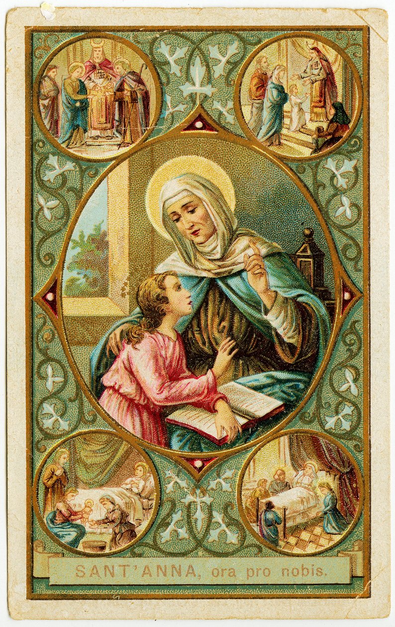 Fromt billede: scener fra den hellige Annes liv, brylluppet, Marias fødsel, præsentationen til templet og døden (kromolithografi) af Anonymous Anonymous