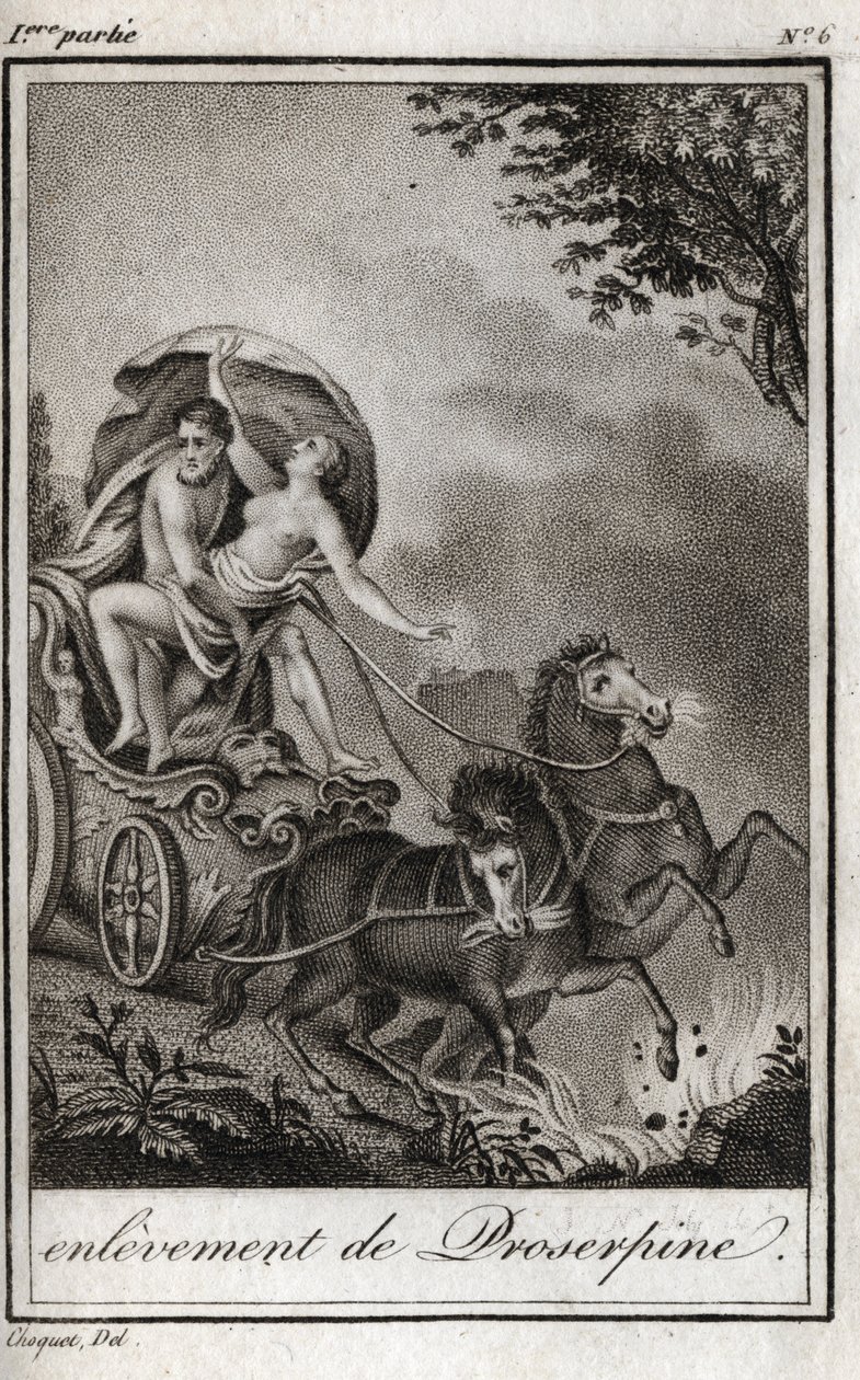 Pluto (Hades) tager Persephone (Proserpine) foran sin mor, Ceres (Demeter), og tager ham med til underverdenens rige. Pluto transporterer Persephone til sit rige, underverdenen, i græsk mytologi. Stik fra 1819 i “Lettres a Emilie s af Anonymous Anonymous