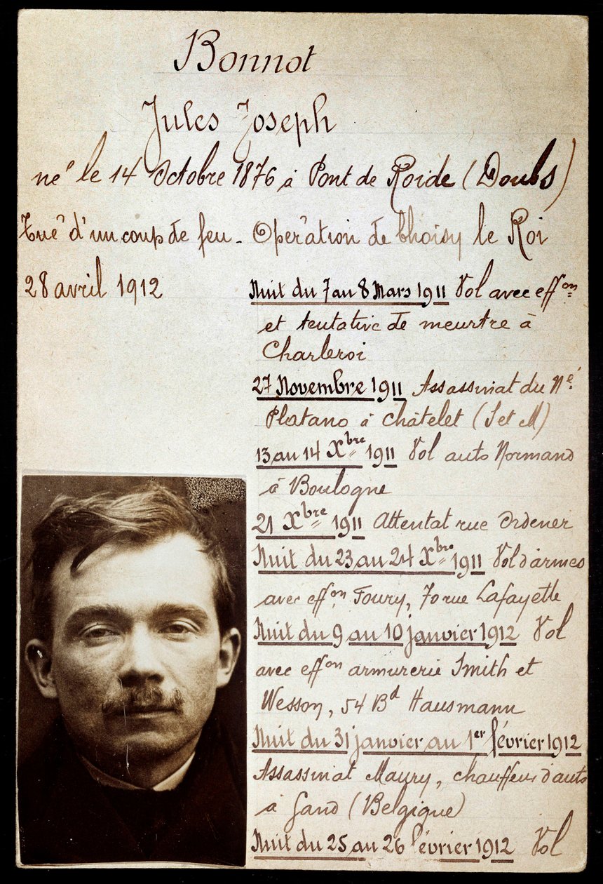 Politiark af kriminel Jules Bonnot (1876-1912) (Bonnot band) med liste over forbrydelser af Anonymous Anonymous