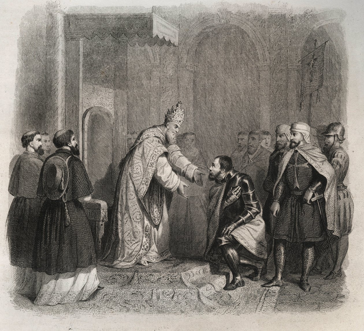 Pave St. Pius V (Pius eller Pio) (1566-1572), der modtager vinderen af slaget ved Lepante. Indgravering fra 1846 i ""De helliges liv"". Privat samling. af Anonymous Anonymous