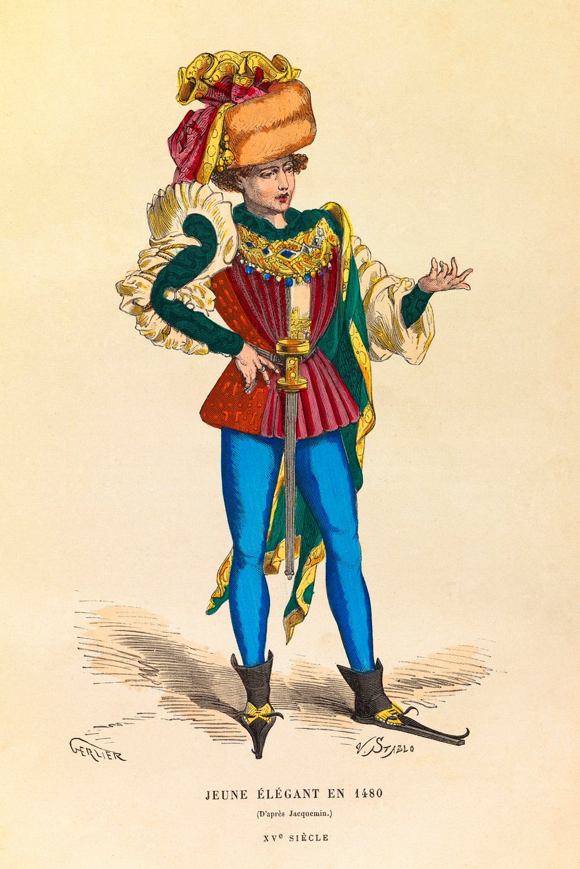 Portræt og kostume af en ung elegant i Paris i 1480, gravering - privat samling af Anonymous Anonymous