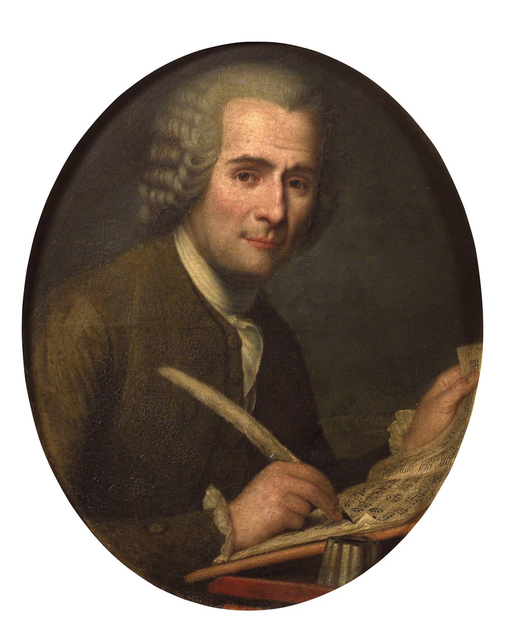 ""Portræt af Jean Jacques Rousseau, der skriver et partitur"" (Jean-Jacques Rousseau (1712-1778) skriver et nodeblad) Anonymt maleri Olie på lærred Dim 65x54 cm Privat samling af Anonymous Anonymous