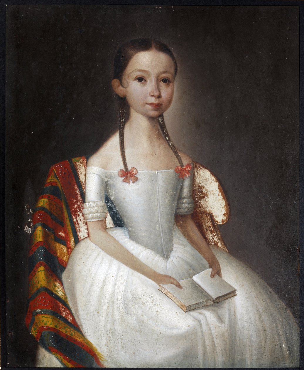 ""Portræt af en pige med en bog"" (Portræt af en pige med en bog) Anonymt maleri Circa 1830 privat samling af Anonymous Anonymous