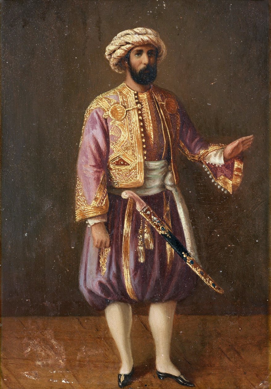 ""Portræt af Kongen af ​​Sverige Karl XV (1826-1872) i tyrkisk dragt"" (Portræt af Kong Karl XV af Sverige i tyrkisk kjole) Anonymt maleri 1800-tallet Dim 28,5x20,5 cm Privat samling af Anonymous Anonymous