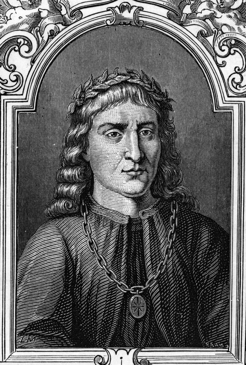 Portræt af Andrea Mantegna (1431-1506) italiensk maler. Gravering af 1859 i "" gallerierne i Europa - Italien "" af Armandaud. Privat samling. af Anonymous Anonymous