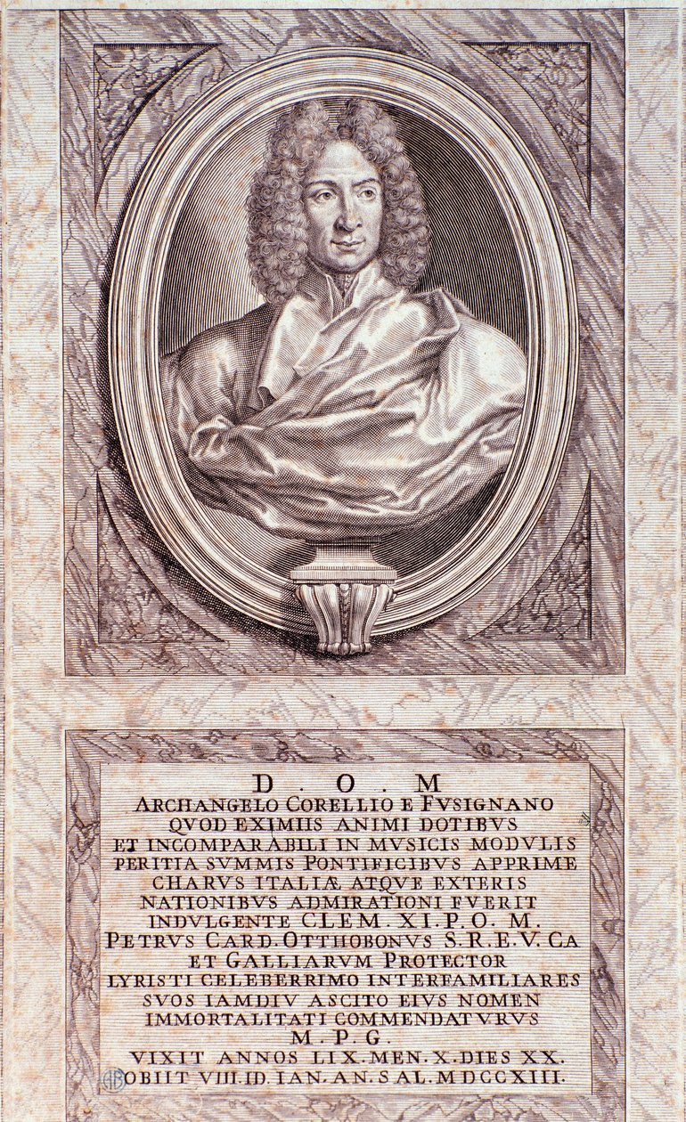 Portræt af Arcangelo Corelli (1653-1713) italiensk komponist og violinist Gravering. Milanesisk privatsamling fra det 18. århundrede af Anonymous Anonymous