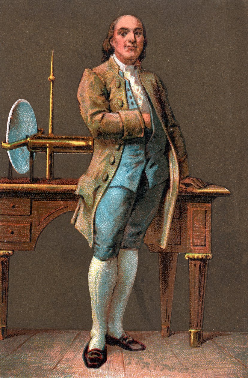 Portræt af BENJAMIN FRANKLIN (1706-1790) amerikansk trykker, udgiver, videnskabsmand, opfinder, statsmand og diplomat. Kromolitografi Privat samling af Anonymous Anonymous