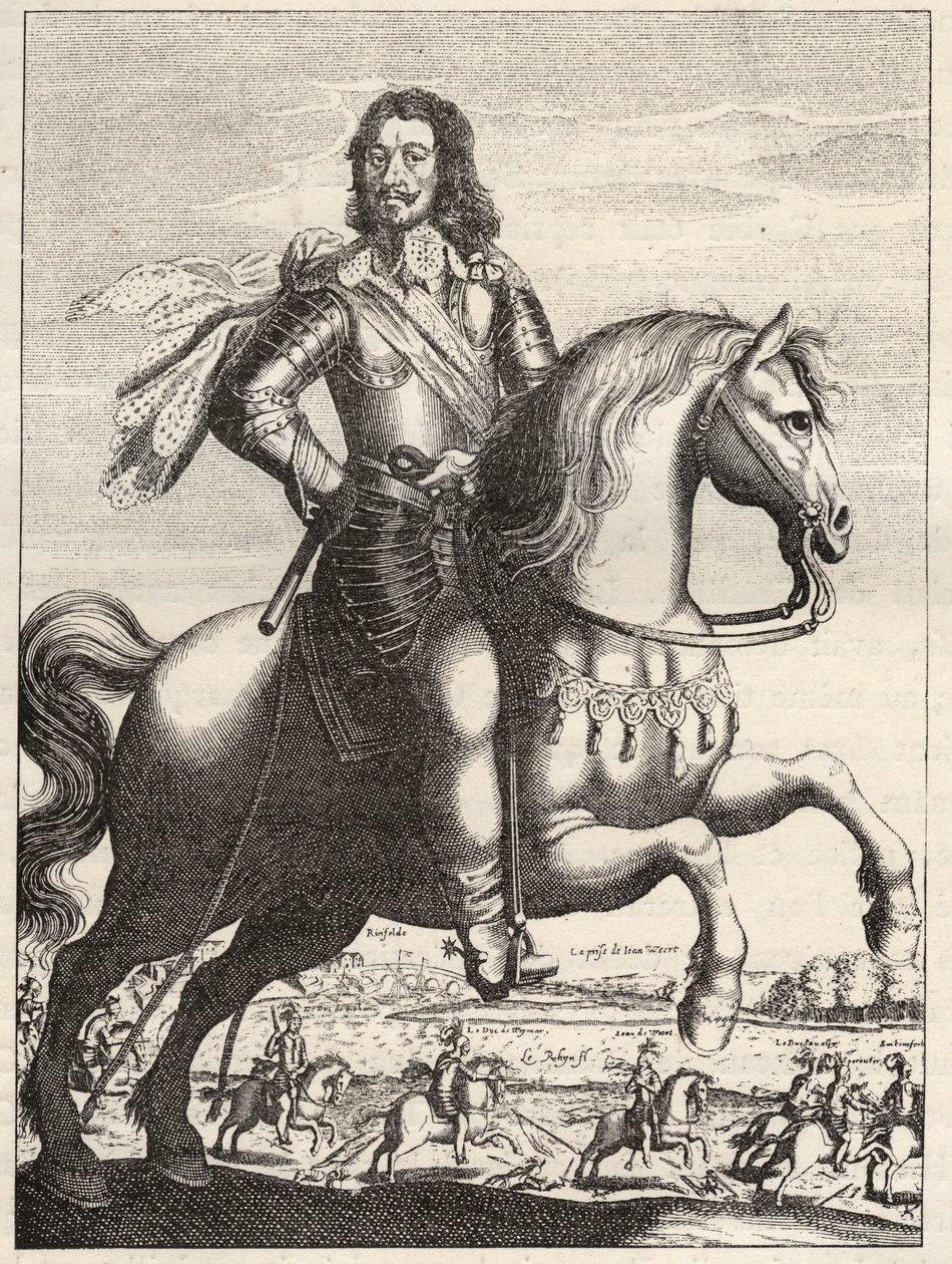 Portræt af Bernard af Sachsen Weimar (Sachsen-Weimar) (1604-1639) med gengivelse af tilfangetagelsen af Johannes af Werth af hertug Bernard og hertug af Rohan. Stik af det 17. århundrede. Privat samling. af Anonymous Anonymous