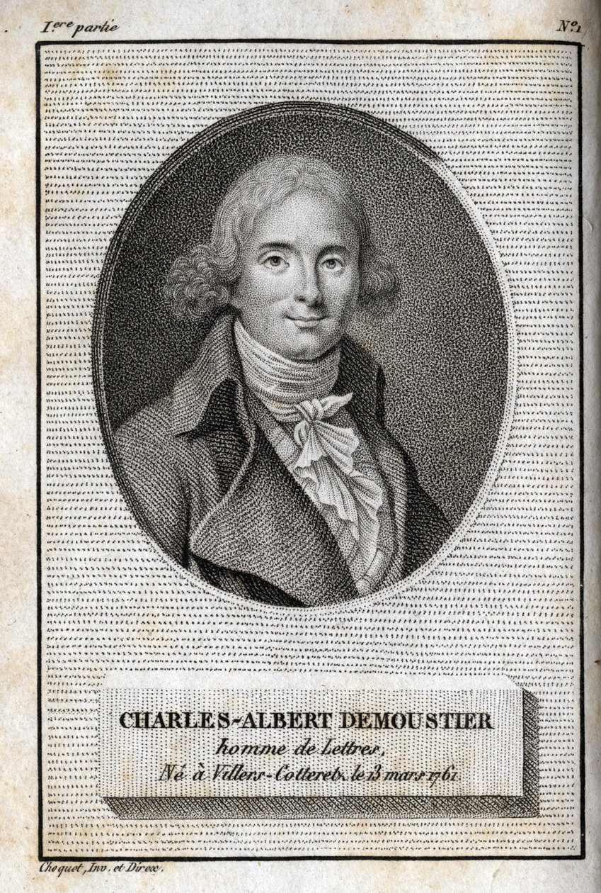 Portræt af Charles Albert Demoustier (1760-1801) fransk forfatter. Stik fra 1819 i "Lettres a Emilie sur la mythologie" af Charles Albert Demoustier (1760-1801). Privat samling. af Anonymous Anonymous