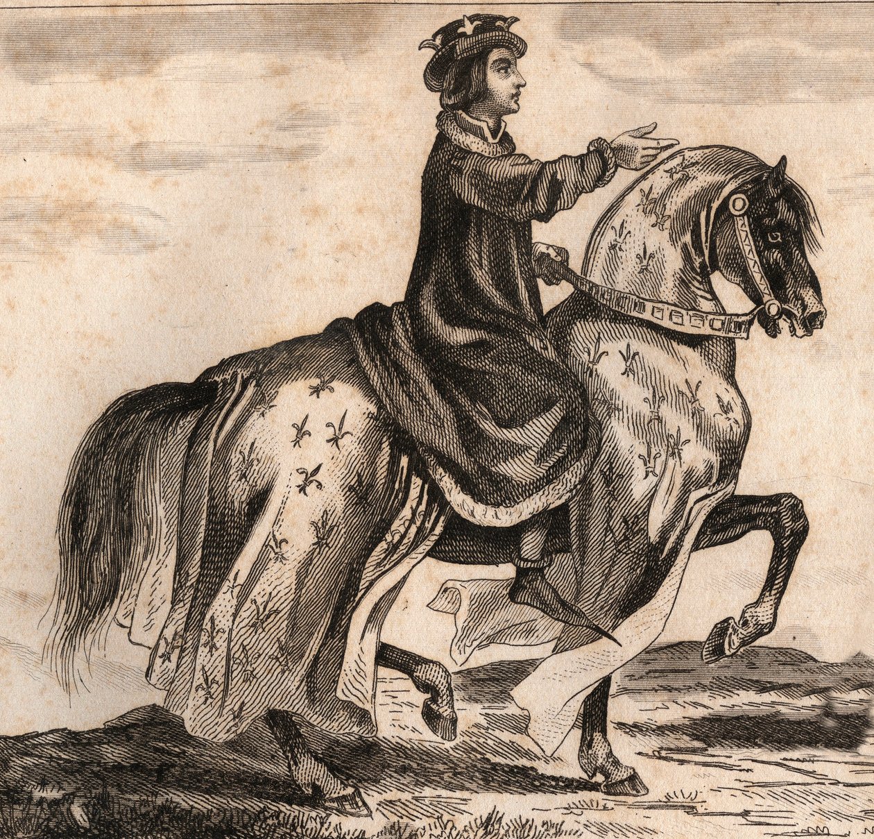 Portræt af Charles IV the Bel (1294-1328), konge af Frankrig. Stik fra 1859 i "" Le Monde. Alle folkeslags historie fra de fjerneste tider til i dag”. af M. E. de Lostalot-Bachoue (Lostalot Bachoue). Privat samling. af Anonymous Anonymous