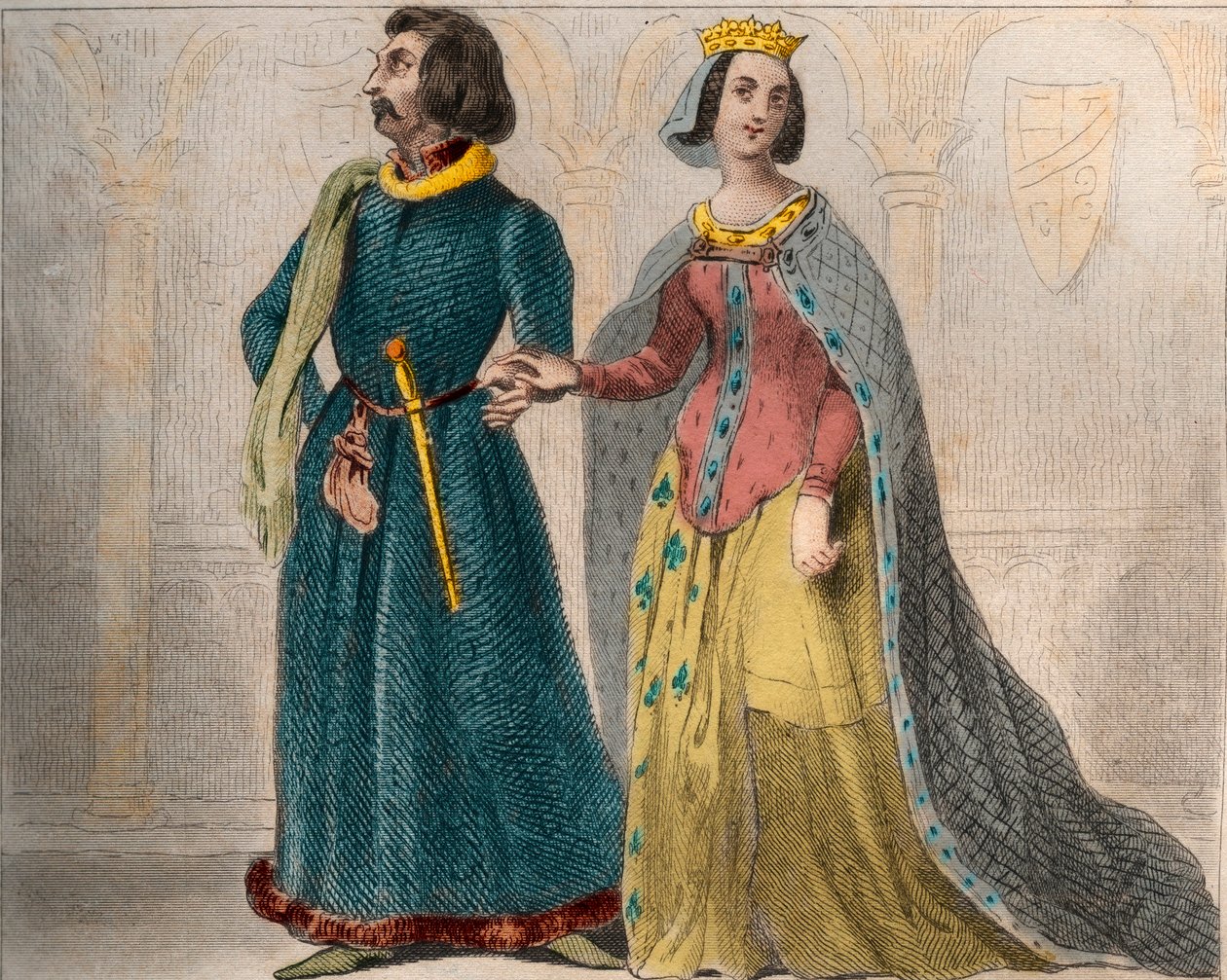 Portræt af Charlotte de Savoie (1441-1483) Dronning af Frankrig, med Louis XI af Frankrig, kendt som den forsigtige (1423-1483). Stik fra 1859 i "" Le Monde. Alle folkeslags historie fra de fjerneste tider til i dag”. af M. E. de Lostalot-Bachoue. af Anonymous Anonymous